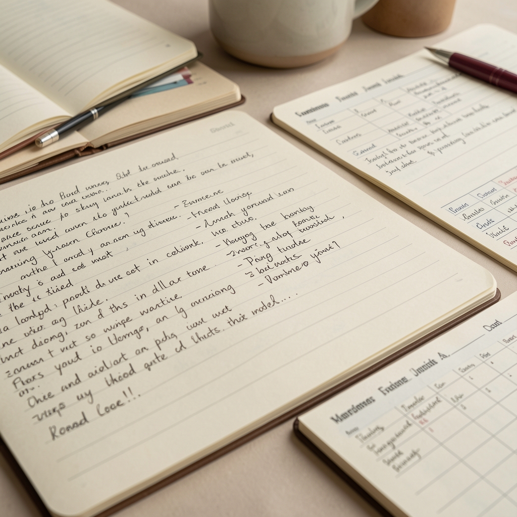 Close-up of handwritten notes and food journal pages spread across a light-coloured surface in a quiet London studio