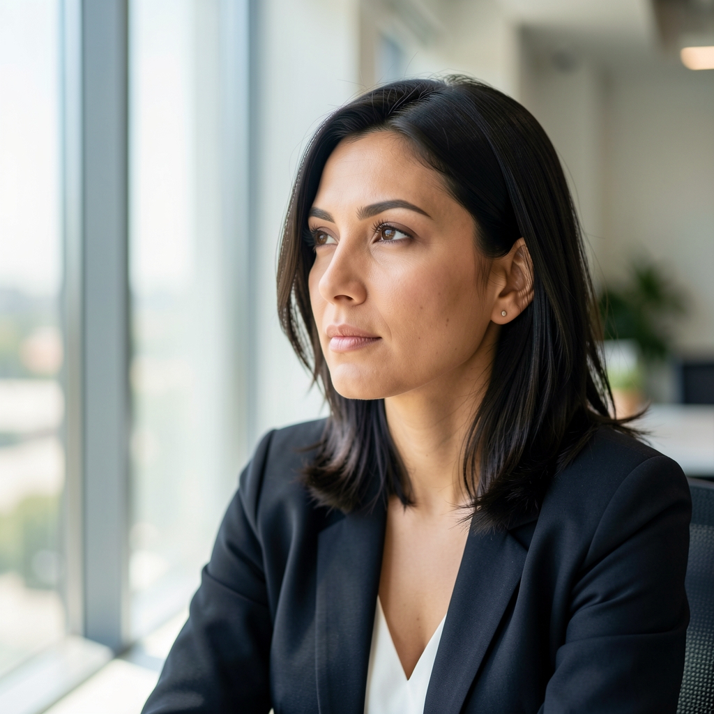 Portrait of a woman with dark hair seated in a bright editorial office, looking thoughtfully toward the window