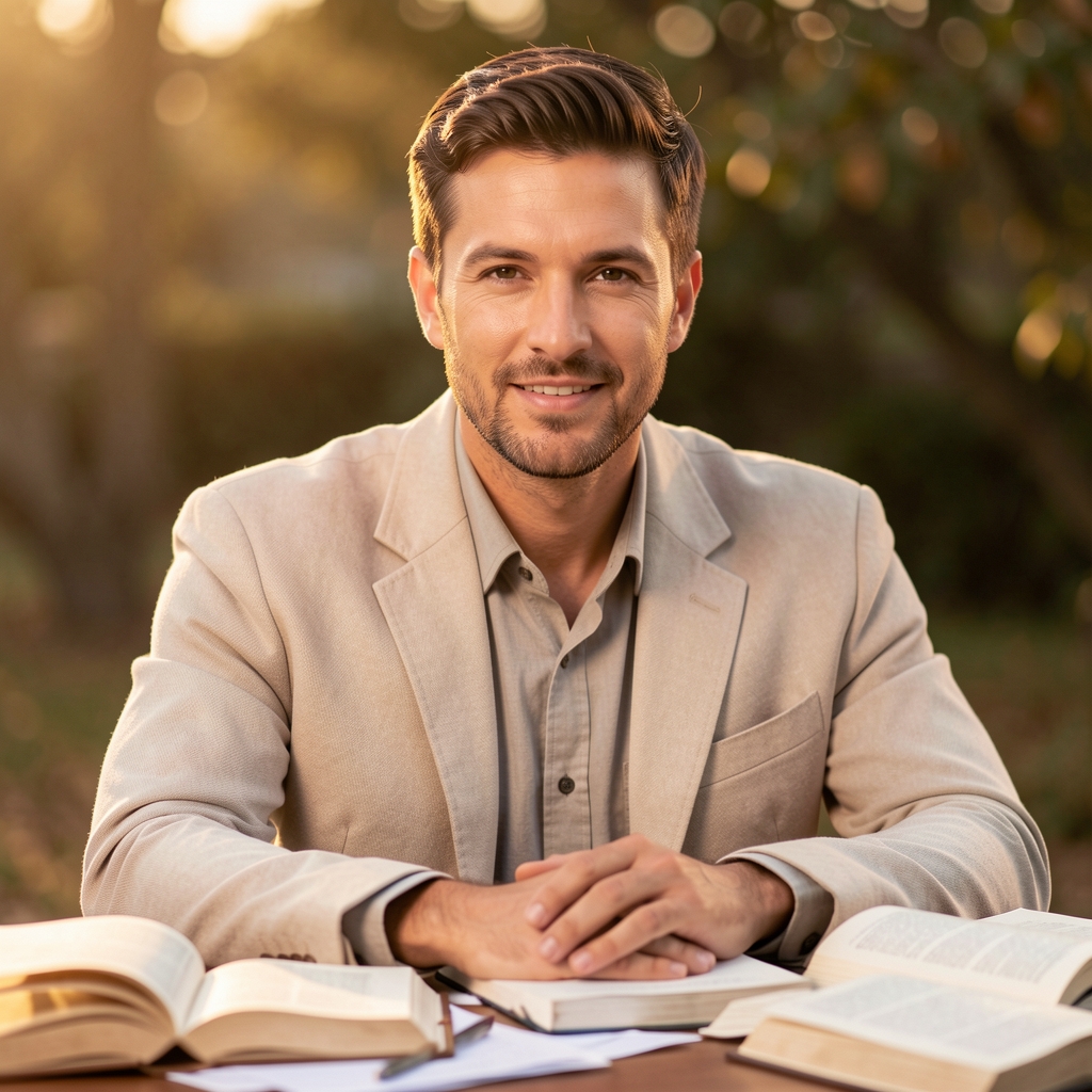 Portrait of a man with light-coloured jacket seated at a reading desk surrounded by open books and notes in warm studio lighting