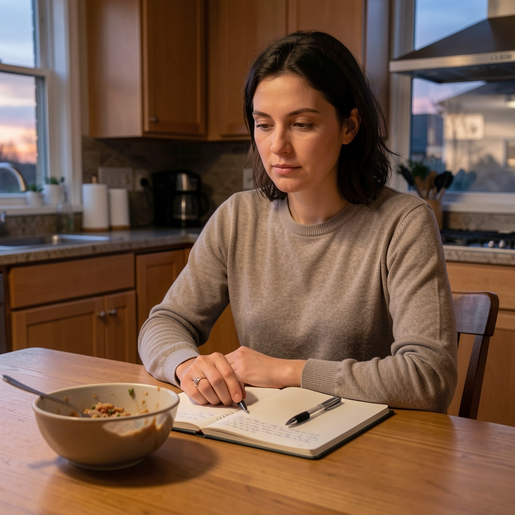 Person sitting quietly at a kitchen table at dusk, an uneaten bowl of food nearby, notebook open, pen resting on the page